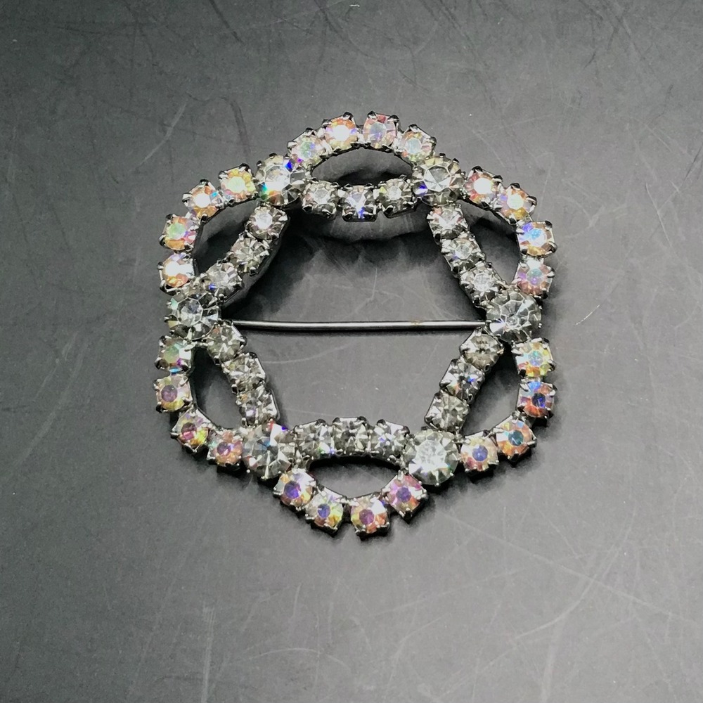 Vintage Aurora Borealis Rhinestone Brooch Silver Tone Circular Loop Pin MCM